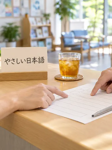 「やさしい日本語」と書かれた札が立つ受付カウンター