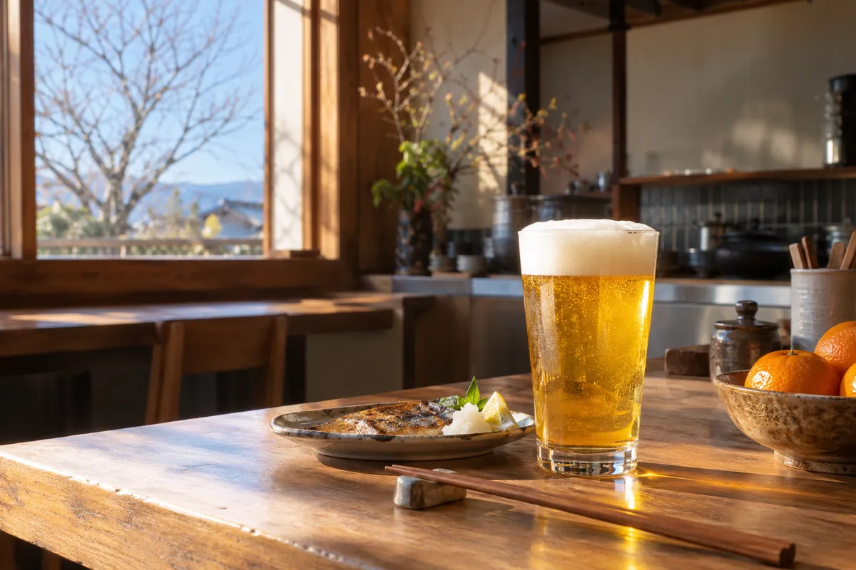 木のカウンターに置かれた一杯のビールと焼き魚