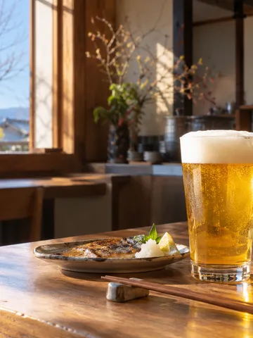 木のカウンターに置かれた一杯のビールと焼き魚