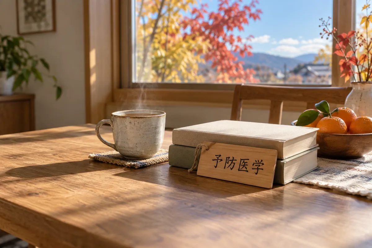 「予防医学」の木札と本、湯気の立つお茶とみかん