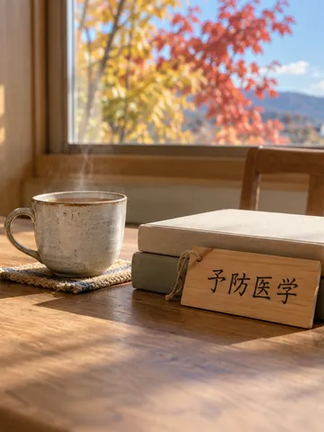 「予防医学」の木札と本、湯気の立つお茶とみかん