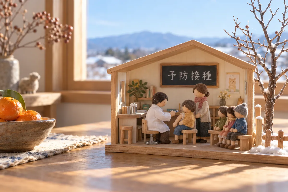 人形が予防接種をする小さな診療所の箱庭