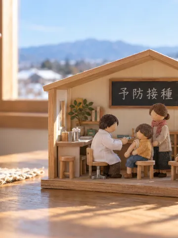 人形が予防接種をする小さな診療所の箱庭