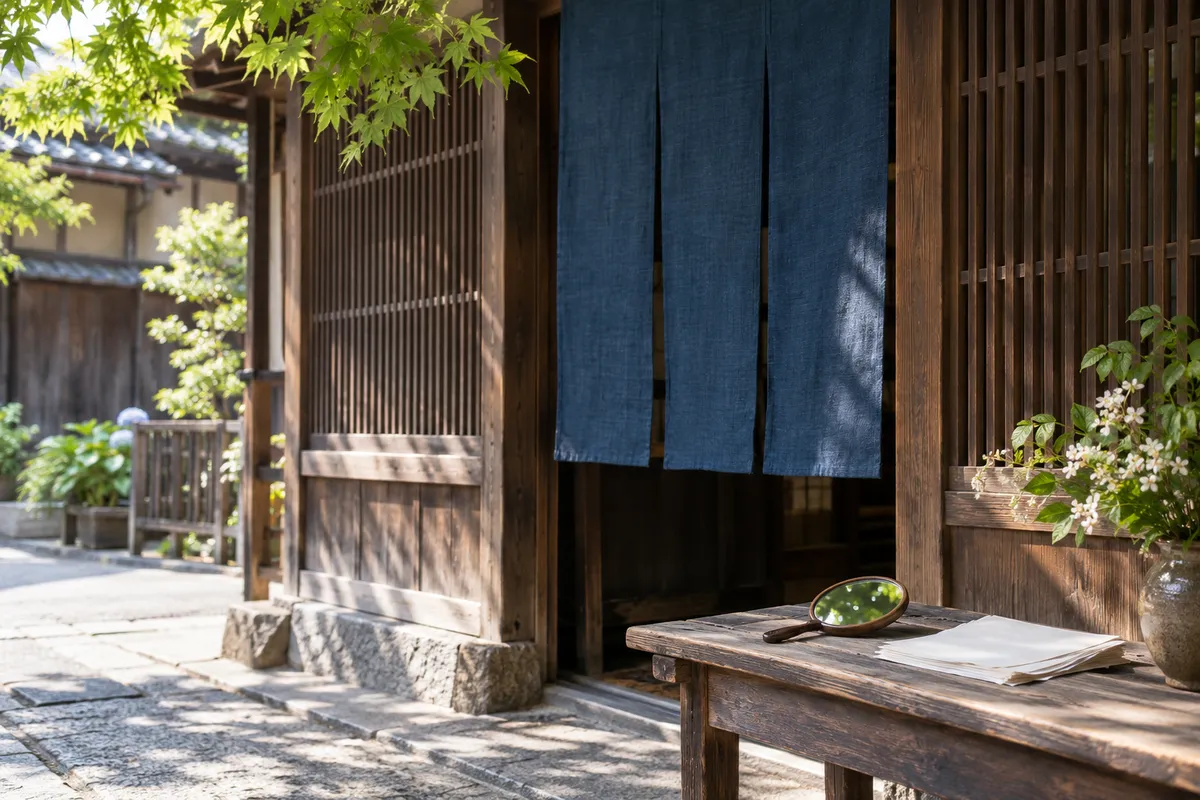 京都の町家の店先に置かれた手鏡と白い薄紙