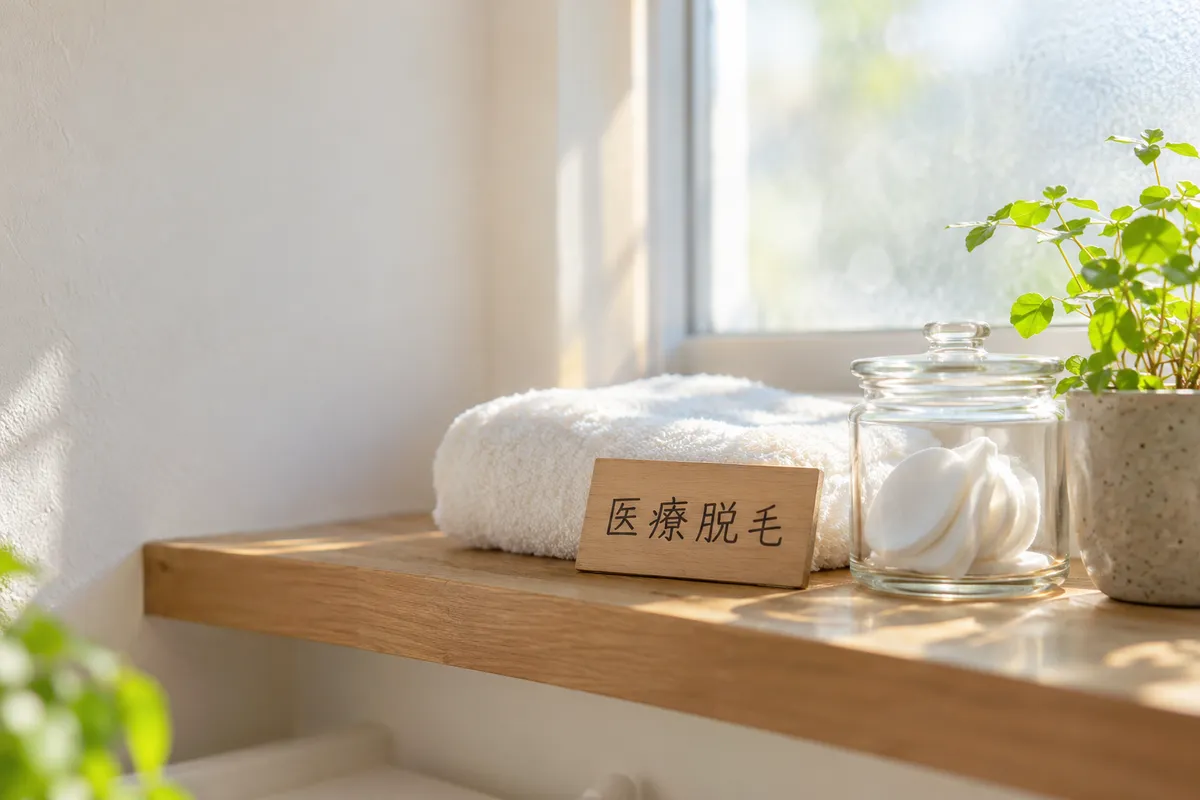 洗面所の棚に置かれた「医療脱毛」の木札とタオル