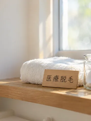 洗面所の棚に置かれた「医療脱毛」の木札とタオル