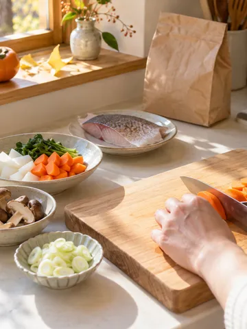 日なたの台所で食材を切る手元と小皿に分けた野菜