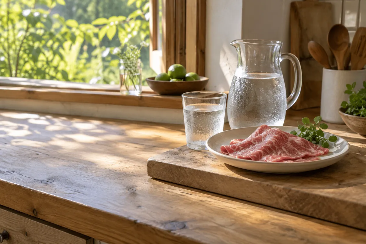 透明な水差しと薄切りの牛肉が並ぶ夏の台所
