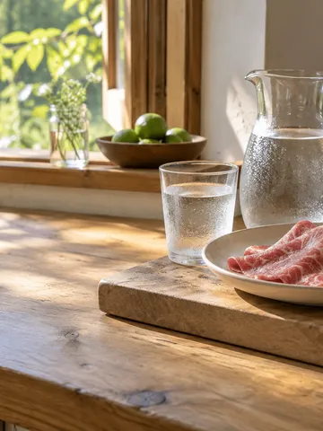 透明な水差しと薄切りの牛肉が並ぶ夏の台所