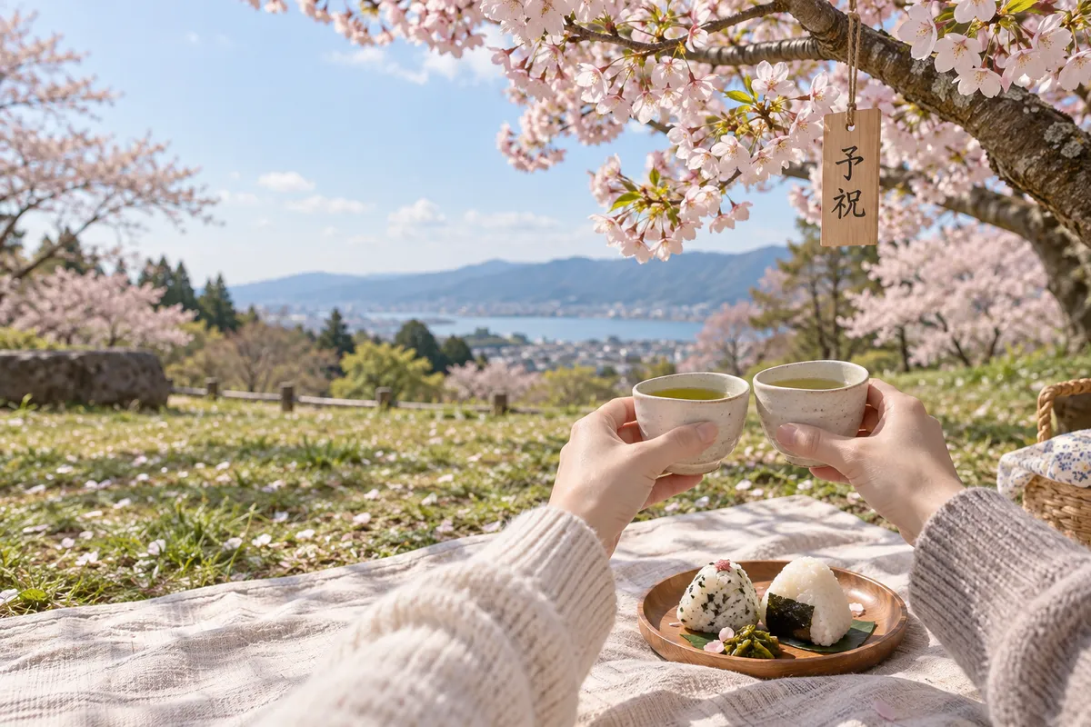 満開の桜の下で乾杯する手元と「予祝」の木札
