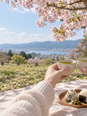 満開の桜の下で乾杯する手元と「予祝」の木札
