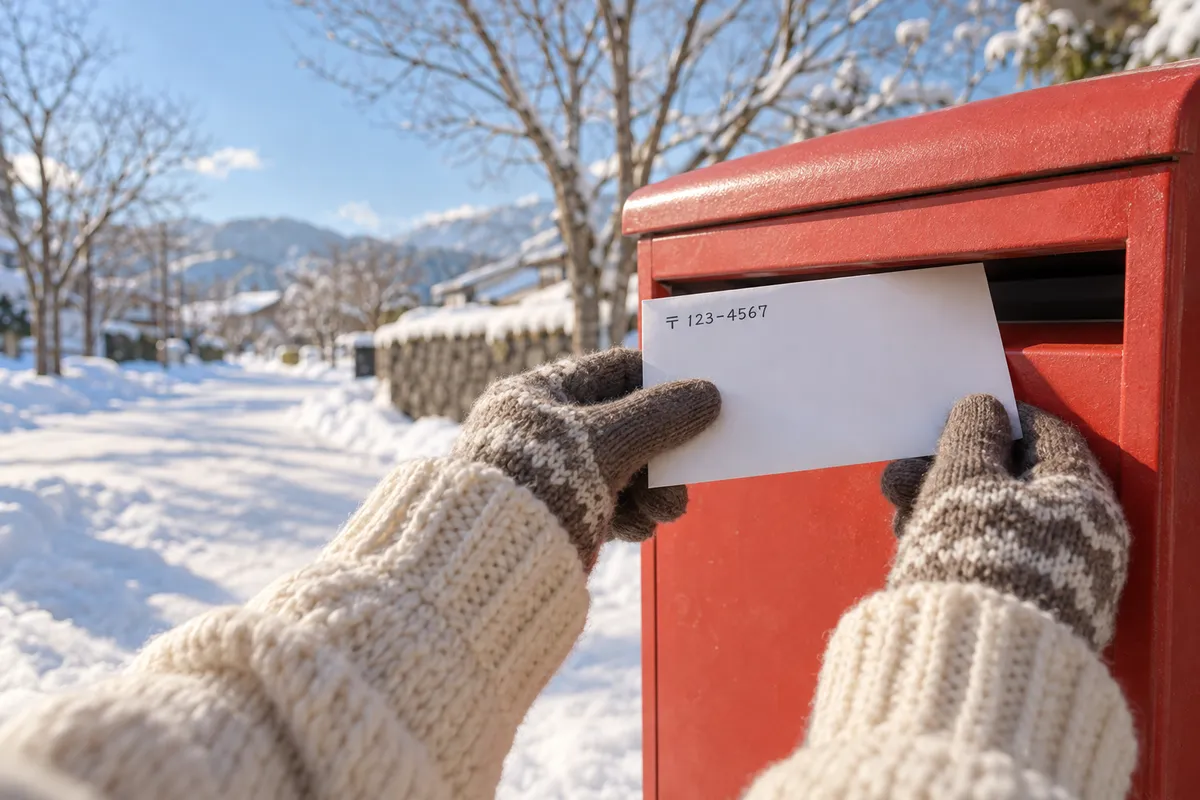 雪の日に封筒を持つ手と赤いポスト