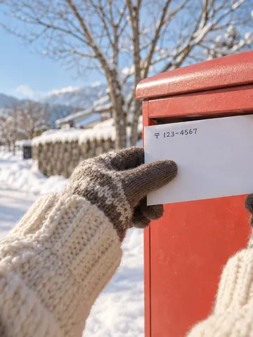 雪の日に封筒を持つ手と赤いポスト