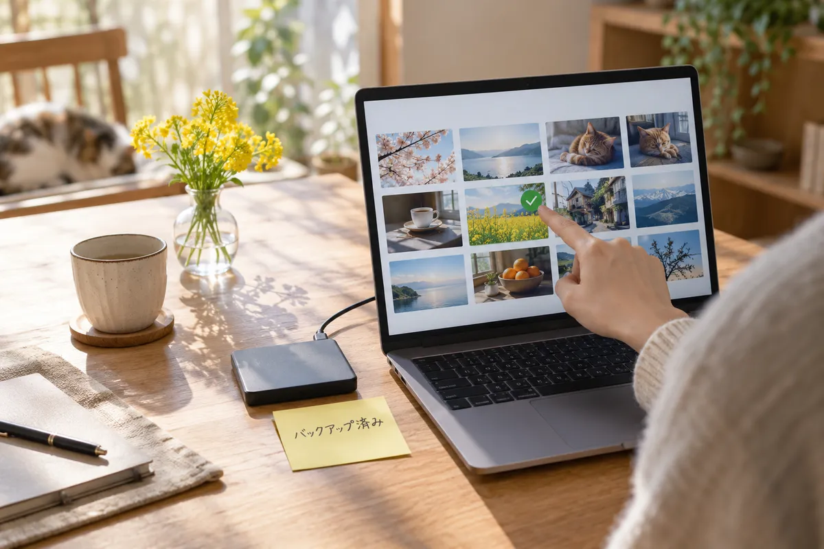 ノートPCの画面を指さす手と、バックアップ済みと書かれた付箋