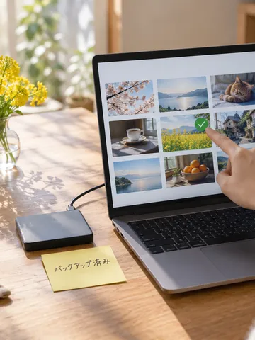 ノートPCの画面を指さす手と、バックアップ済みと書かれた付箋