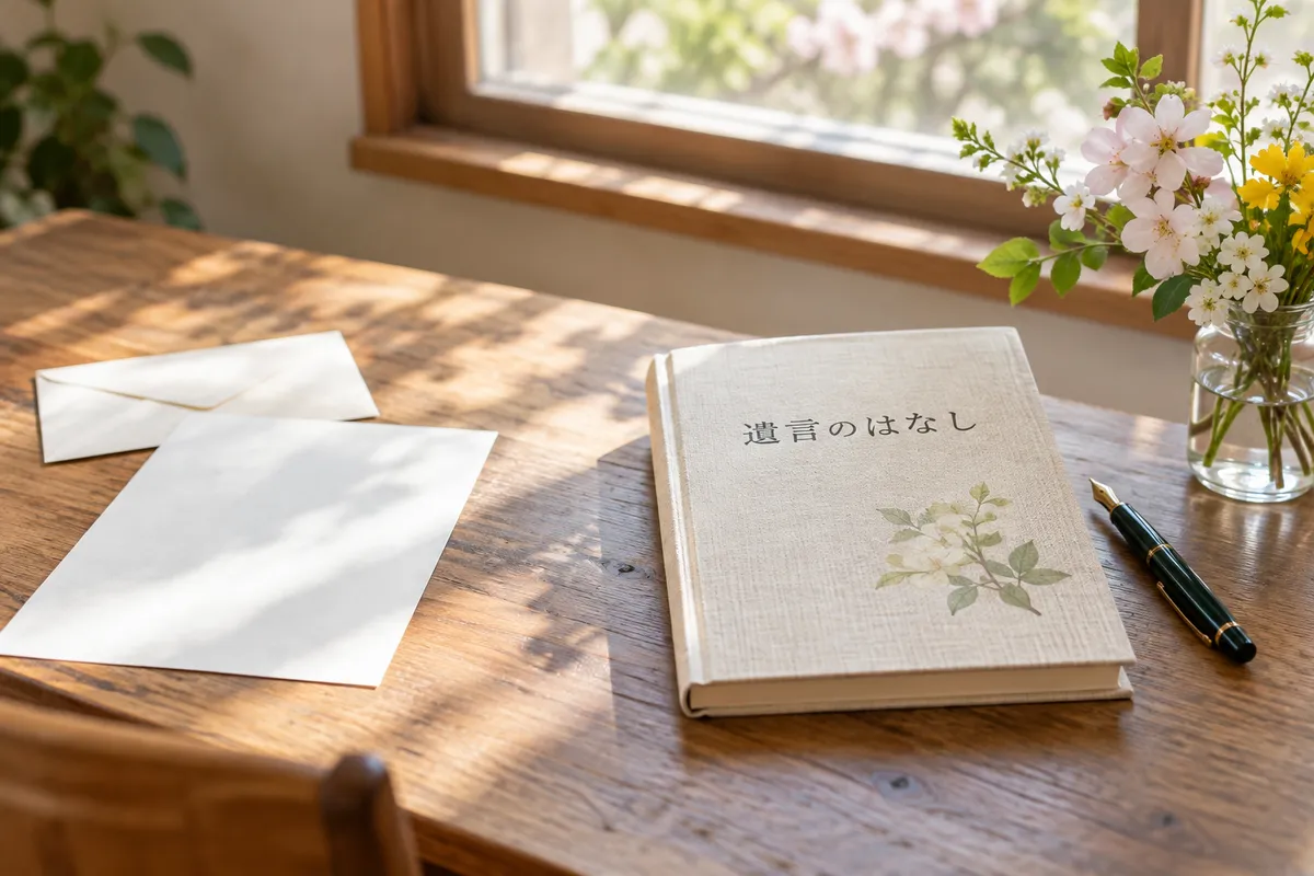 「遺言のはなし」と書かれた本と万年筆、春の花がある窓辺の机