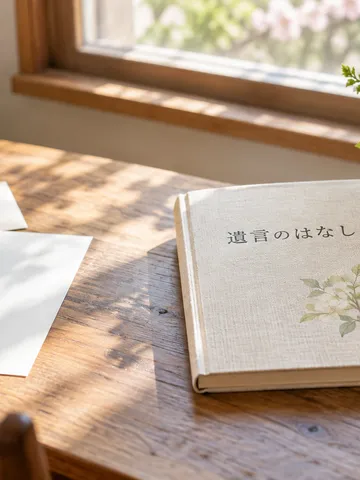 「遺言のはなし」と書かれた本と万年筆、春の花がある窓辺の机