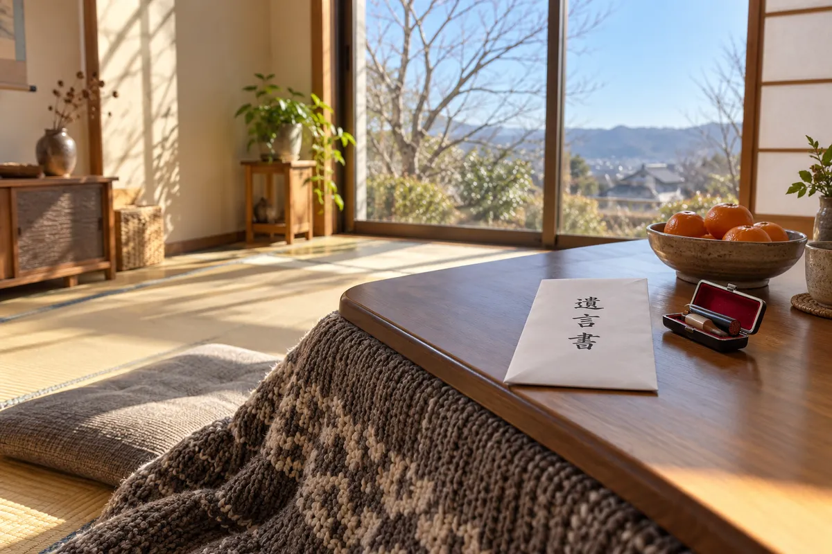 こたつの上に置かれた「遺言書」と書かれた封筒と印鑑、みかん