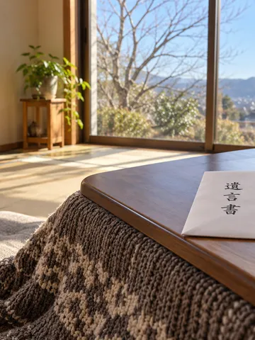 こたつの上に置かれた「遺言書」と書かれた封筒と印鑑、みかん