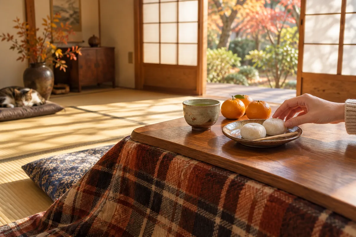 こたつの上の白い餅菓子と緑茶、みかん