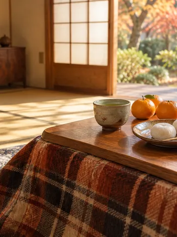 こたつの上の白い餅菓子と緑茶、みかん