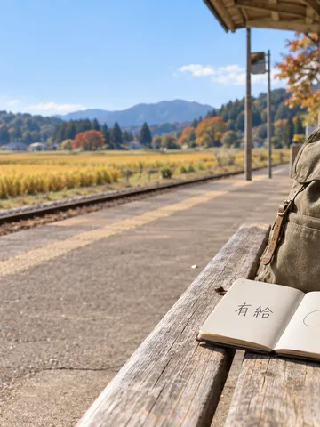 駅のベンチにリュックと「有給」と書かれた手帳