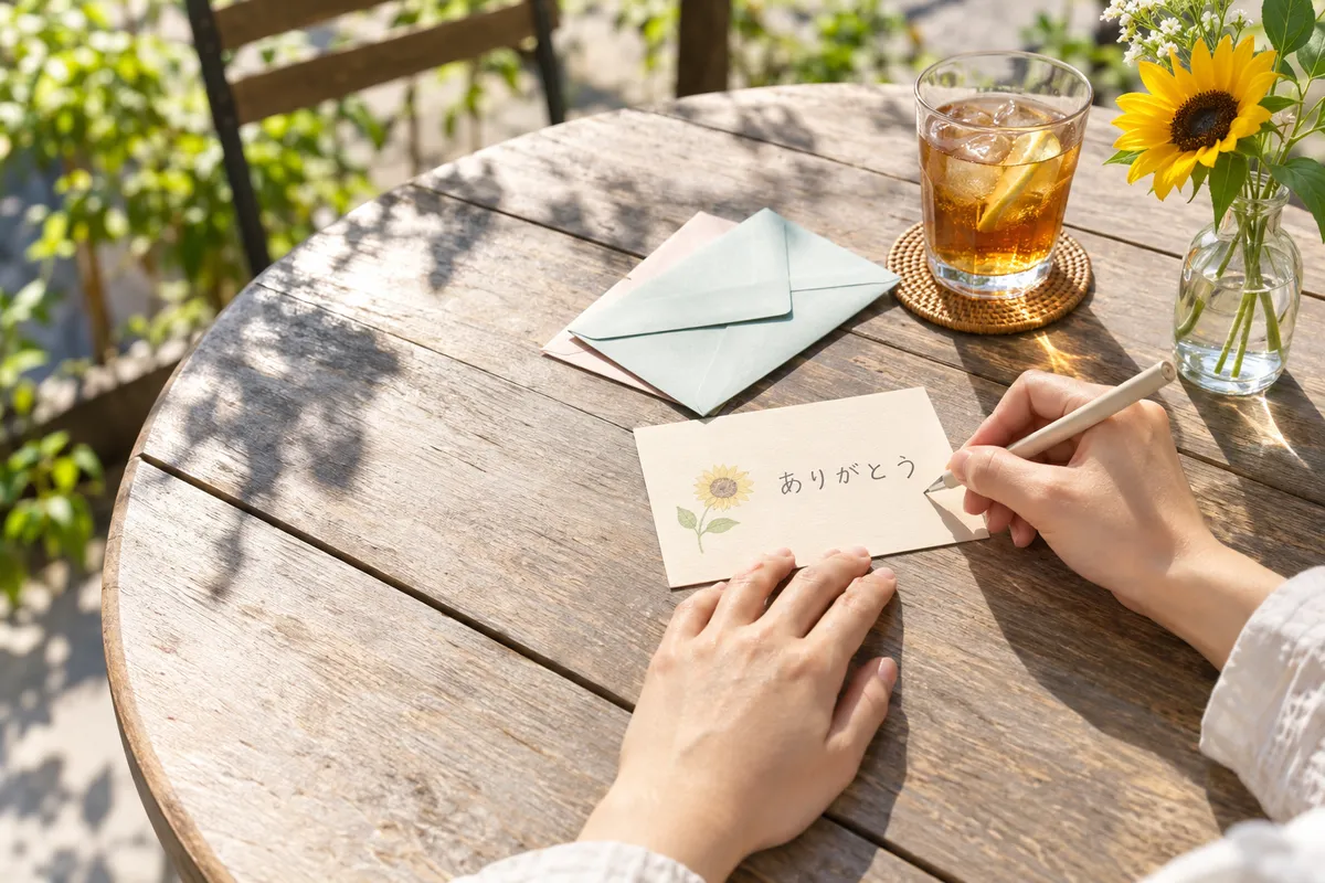夏の屋外テーブルでカードに手書きで一言添える手元