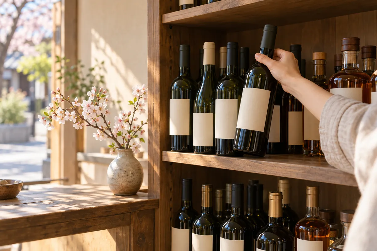 酒屋の棚から洋酒の瓶を手に取る手元