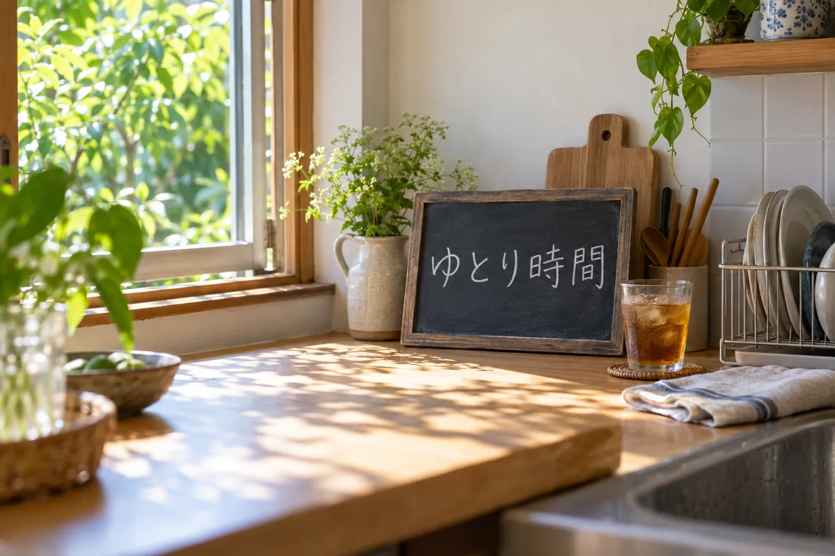 台所の小さな黒板に「ゆとり時間」と書かれた夏の昼