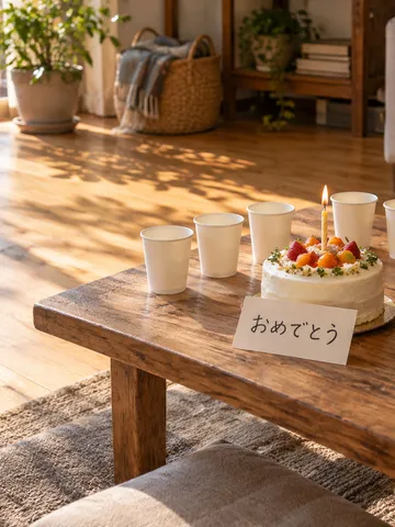 おめでとうのカードを添えたケーキとマイク