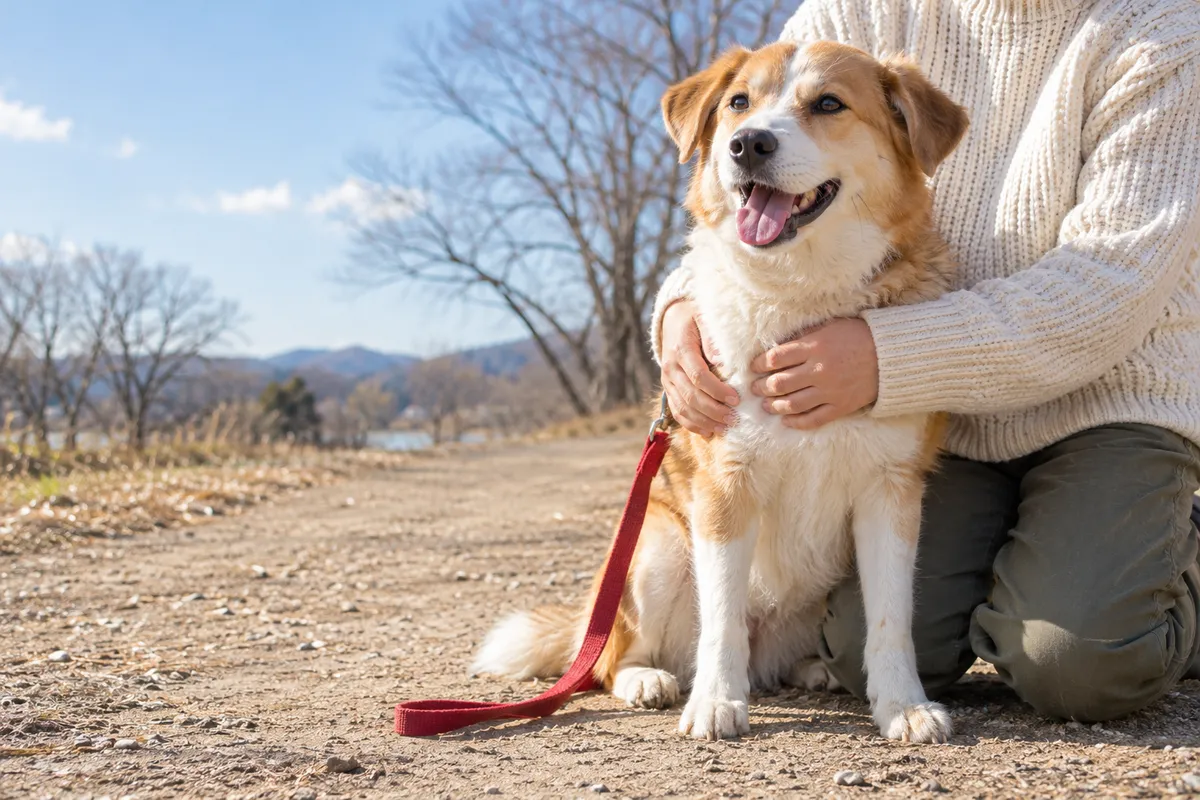 日なたの散歩道で飼い主に抱かれる雑種犬