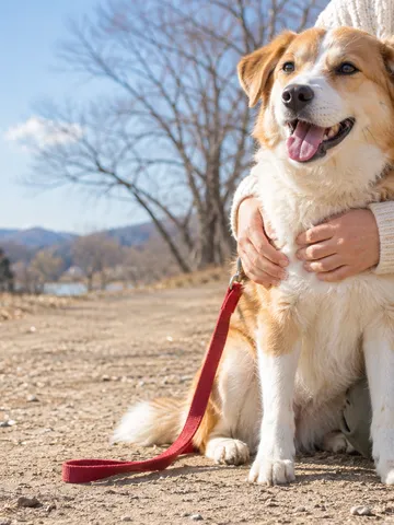 日なたの散歩道で飼い主に抱かれる雑種犬