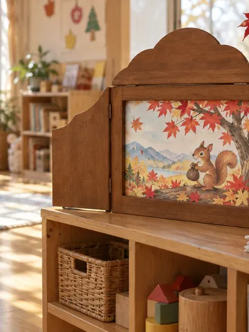 教室に置かれた木の紙芝居舞台と紅葉の絵