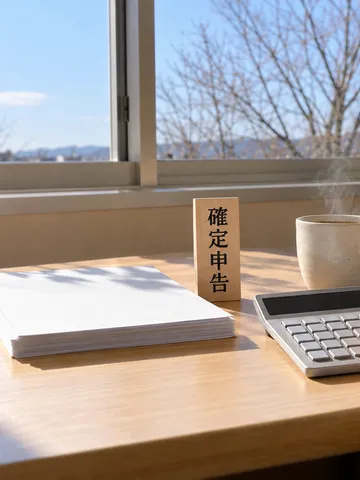 確定申告の札と電卓、書類が置かれた事務机