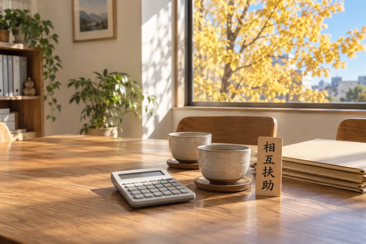 「相互扶助」の木札と茶碗が置かれた事務所の机