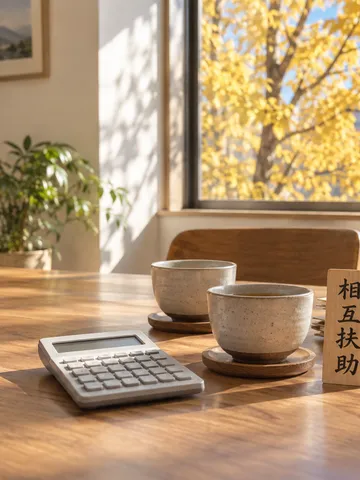 「相互扶助」の木札と茶碗が置かれた事務所の机