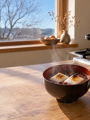 湯気の立つぜんざいの椀と小鍋のある台所