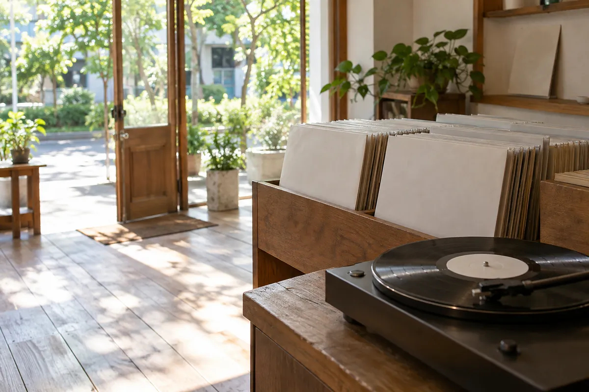 夏の日差しが差すレコード店のレコードとターンテーブル