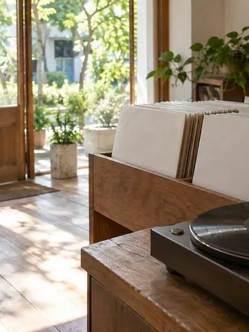 夏の日差しが差すレコード店のレコードとターンテーブル