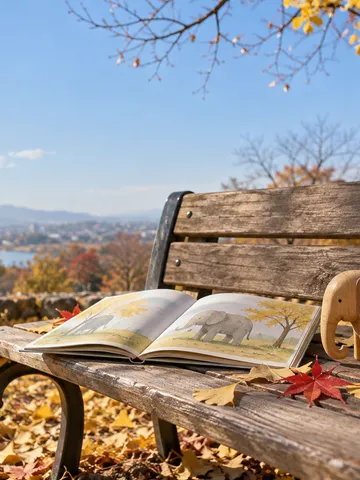 紅葉の落ち葉の公園のベンチに置かれたゾウの木のおもちゃと絵本